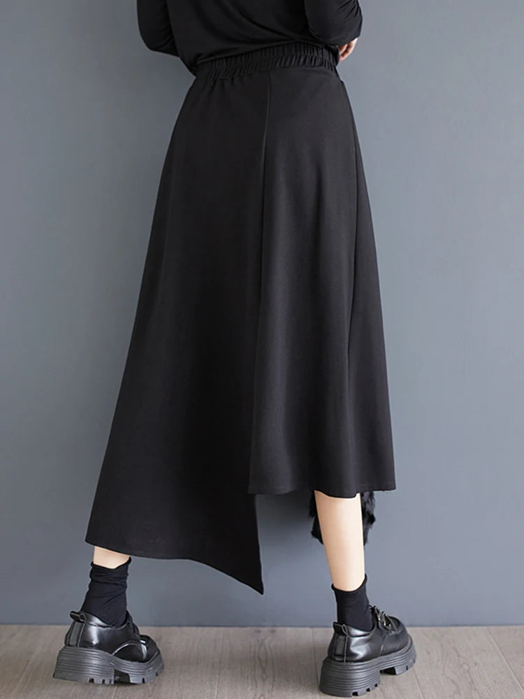 XITAO Korea Casual New Arrival A-line Women Skirt Loose Mid-calf Patchwork Black Autumn Design Female Skirt All Match GMM1007