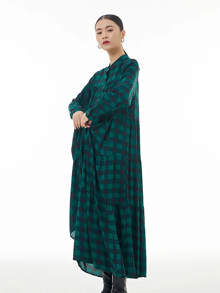 XITAO Plaid Patchwork Stand Collar Dresses Contrast Color Single Breasted Loose Mid-calf Slimming Long Sleeve Dress New DMJ3419