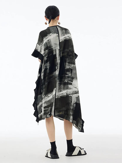 XITAO Asymmetrical Patchwork Gauze Tie Dye Dresses O-neck Pullover Loose Casual Slimming Dress Summer New Fashion ZY8833