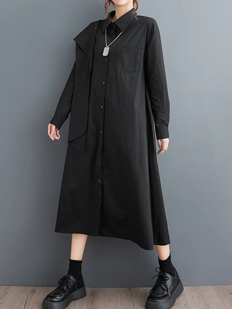 XITAO Full Sleeve Solid Color Female Shirt Dress Fashion Irregular Loose Casual Personality Temperament Women New Dress DMJ4178