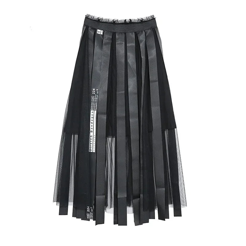 XITAO High Waist Skirt Patchwork Mesh Tassel Women Clothes Summer Mew Fashion Elastic Waist Match All Casual Skirt WLD1084