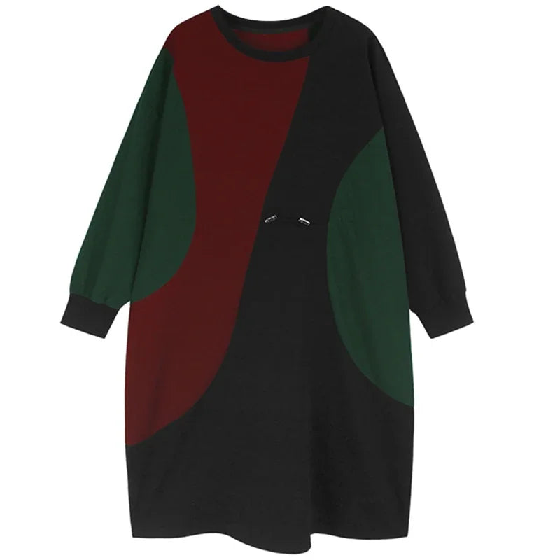 XITAO Contrast Color Patchwork Shirring Dresses O-neck Long Sleeve Pullover Loose A-line Slimming Casual 2024 Autumn New LJ1097