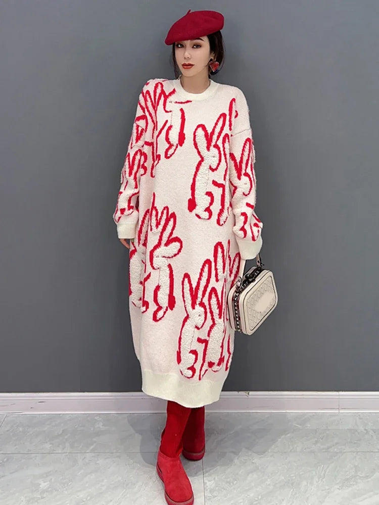 XITAO Women Print Knitted Dress Personality Fashion Loose O-neck Full Sleeve Casual Dress Korea 2024 Spring New Arrival FBB1287