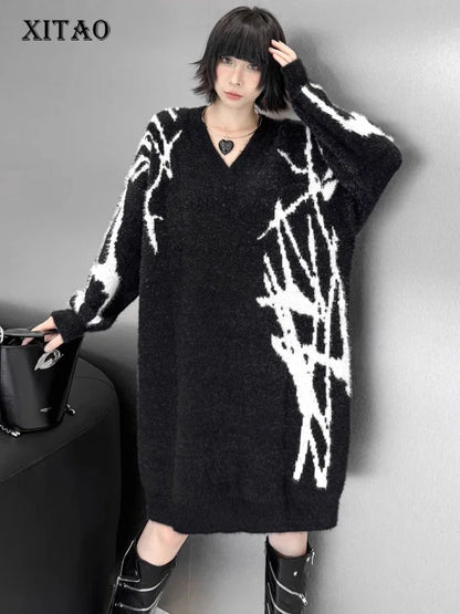 XITAO Solid Color Casual Knee-length V-neck Full Sleeve Dress Europe Fashion New Knitting Autumn Pullover Women Dress GMM1095