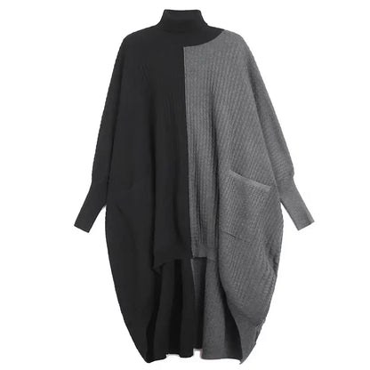 XITAO Casual Loose Korea Knitted Dress Asymmetric Contrast Color Turtleneck Full Sleeve Pullover Autumn Women Dress ZYY1102