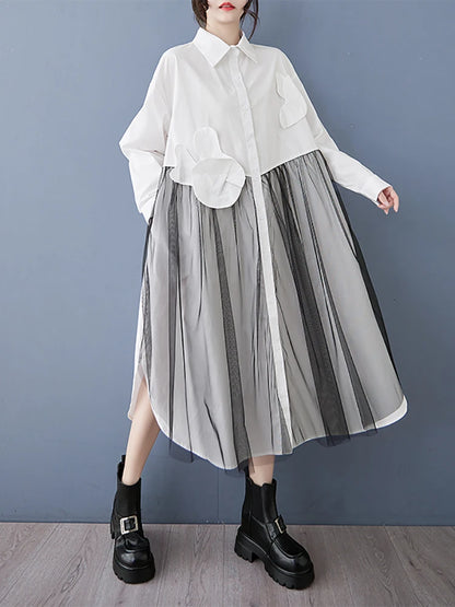 XITAO Patchwork Mesh Irregular Dress Solid Color Casual Hong Kong A-line Turn-down Collar Full Sleeve Women Dress GMM1192