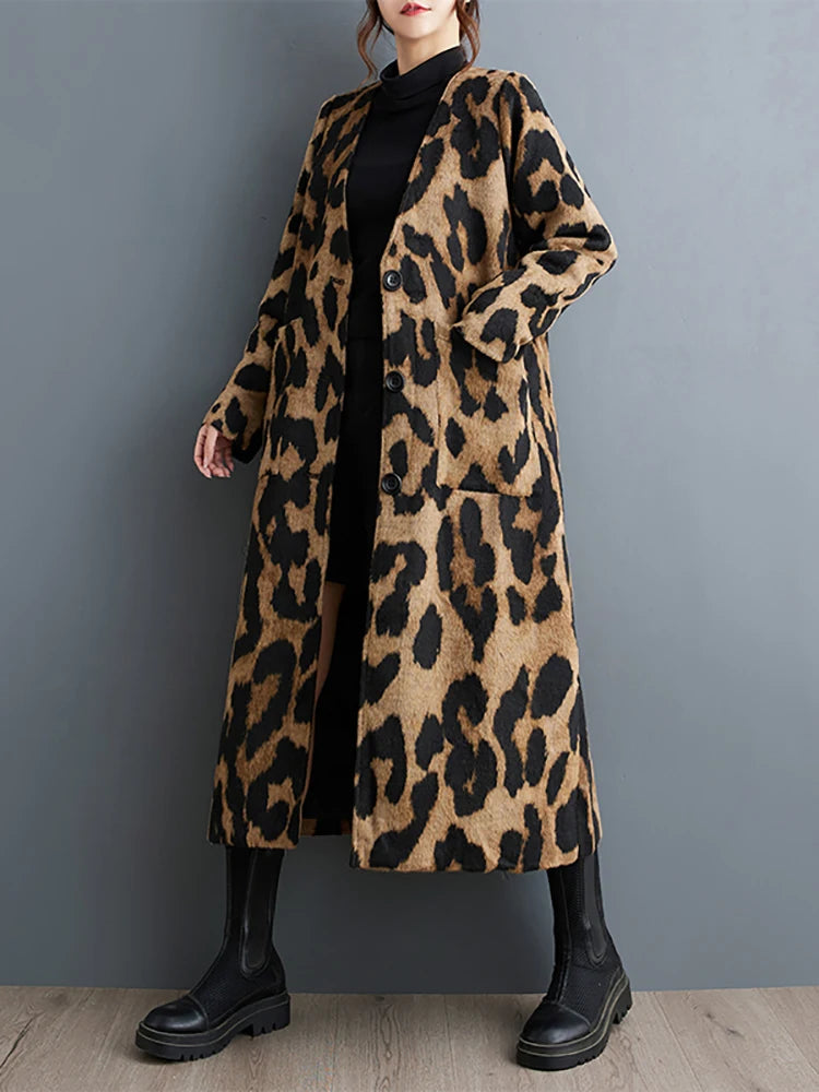 XITAO Leopard V-neck Single Breasted Blends Vintage Long Sleeve Wide Waist Mid-calf All Match Coat 2024 Autumn Fashion ZY8909