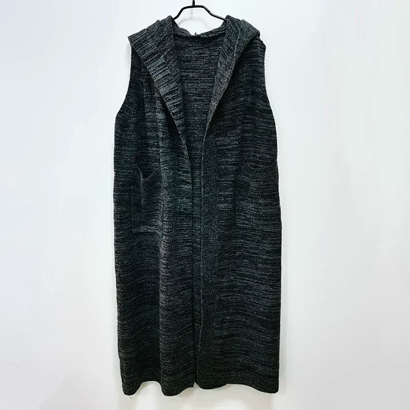 XITAO Solid Color Sleeveless Knitting Hooded Long Vests Pocket Mid-calf Female Loose 2024 Spring New Casual All Match ZZ0052