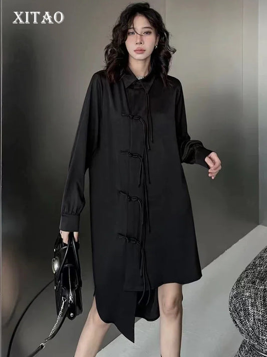 XITAO Irregular Turn-down Collar A-line Full Sleeve Dress Solid Color New Trendy Loose Fitting Autumn Women Dress GMM1128