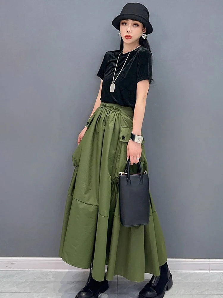 XITAO Pocket Patchwork Elastic Waist Folds Skirt Solid Color Mid-calf A-line Loose Slimming Skirts 2024 Summer All Match DMJ3981