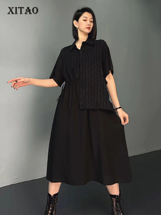 XITAO Asymmetrical Patchwork Dress Fashion False Two Pieces Draw String Turn-down Collar Shirt Dress 2024 Summer New WLD20146