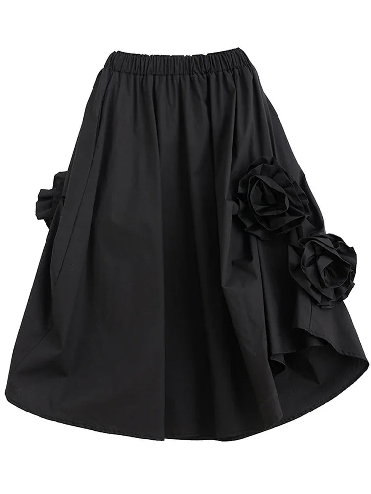 XITAO Floral Black Skirt Fashion Women Elegant Goddess Fan Irregular Elastic Waist Minority Loose Elegant Skirt WLD16640