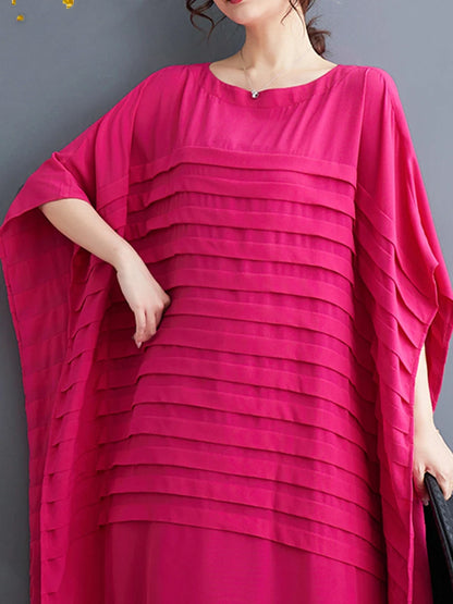 XITAO Folds Batwing Sleeve Dress Loose Fashion Solid Color Simplicity Casual Temperament Women Summer New Dress 2024 ZY8745