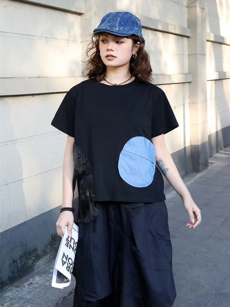 XITAO Contrast Color Gauze Asymmetrical T-shirt O-neck Patchwork Short Sleeve Pullover Loose All Match Slim Casual Top GJ1139