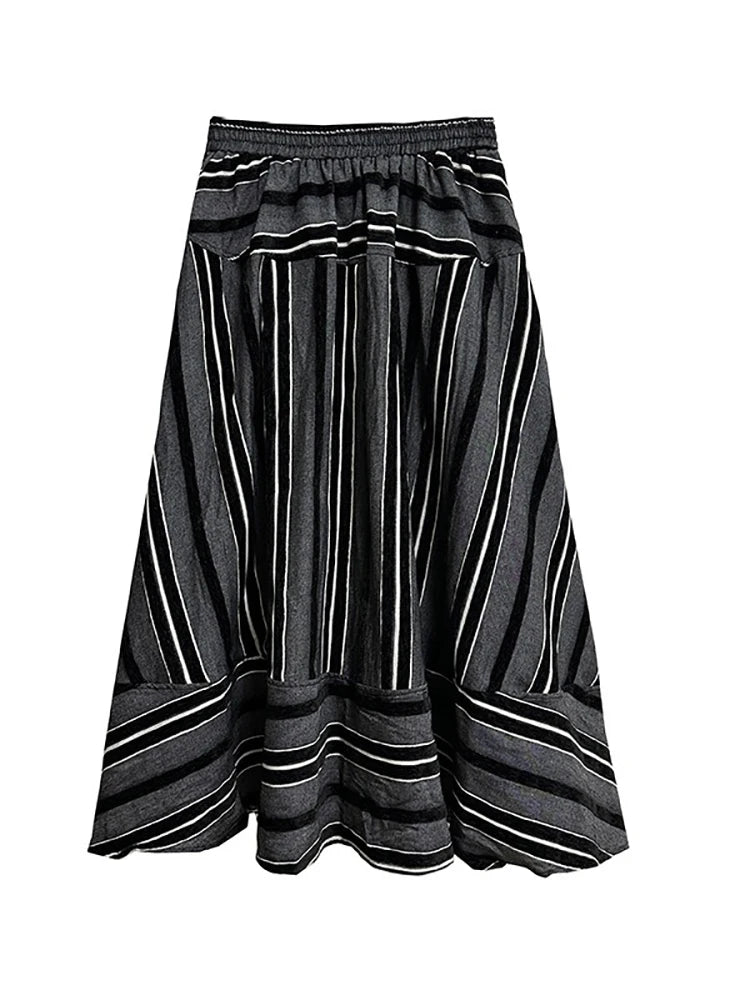 XITAO Striped Patchwork Elastic Waist Skirts A-line Loose Fashion Ankle-Length All Match Casual Skirts 2024 Autumn New HJF91533