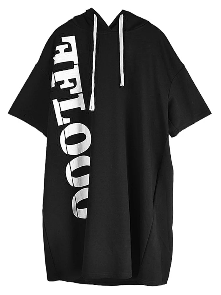 XITAO Hooded Letter Printing Drawstring Dress Casual Loose Fitting Knee-length Half Sleeve Pullover Summer Women Dress GMM1194