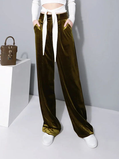 XITAO Fashion Women Full Length Wide-leg Loose Form Mid Waist Solid Color Casual Style Spring New Velvet Pants SSB-056