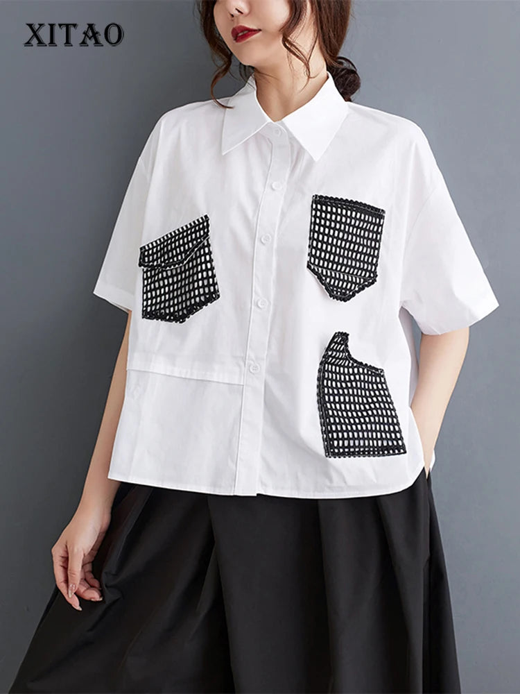 XITAO Short Sleeve Patchwork Lace Pocket Shirt Personality Loose Casual All-match Single Breasted Women Fashion Top HQQ2386