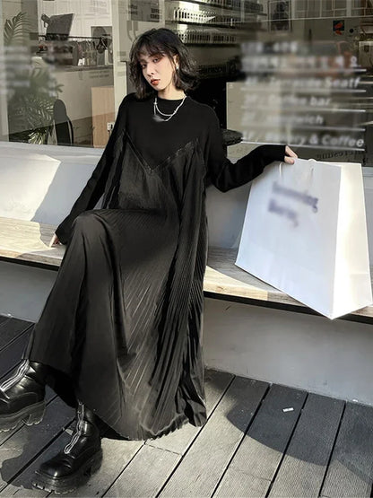 XITAO Black Patchwork Pleated O-neck Loose Pullover Dress 2024 Spring New Arrival Casual Fashion Temperament All Match GJ1010