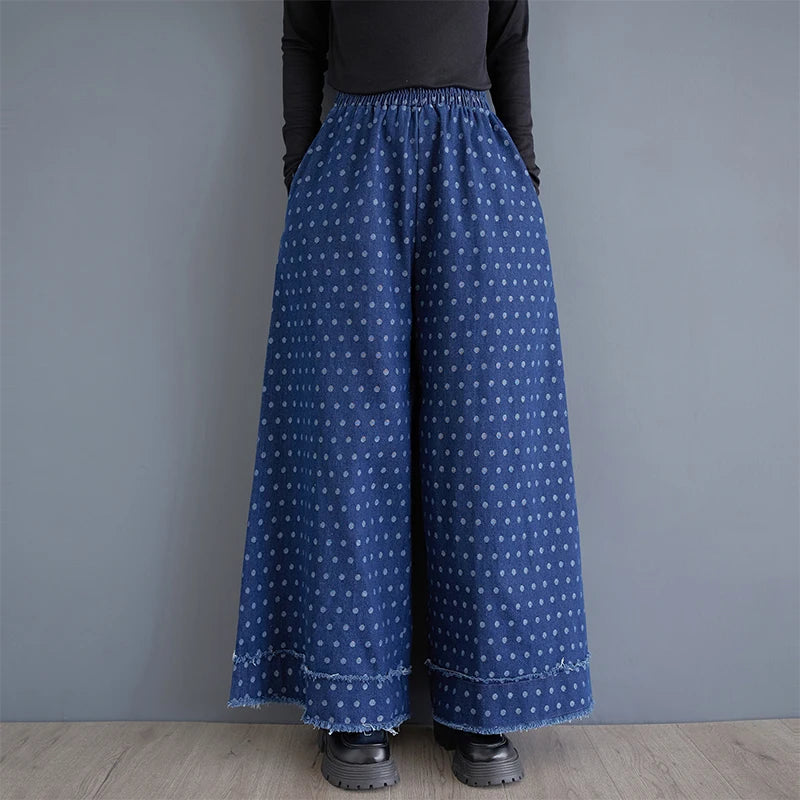 XITAO Casual Loose Vintage Dot Full Length Wide Leg Pants Elastic Waist Slim Fashion Denim New Arrival Autumn Women Jean ZYY1074