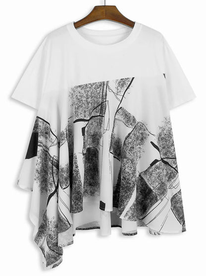 XITAO Print Patchwork Asymmetrical T-shirts O-neck Loose Short Sleeve Loose Slimming Casual Tops 2024 Summer New GJ1020