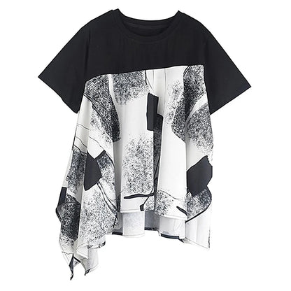 XITAO Loose Asymmetric Print Female T-shirts Casual All-match Trend Patchwork Women Summer New Simplicity O-neck Top GJ1020