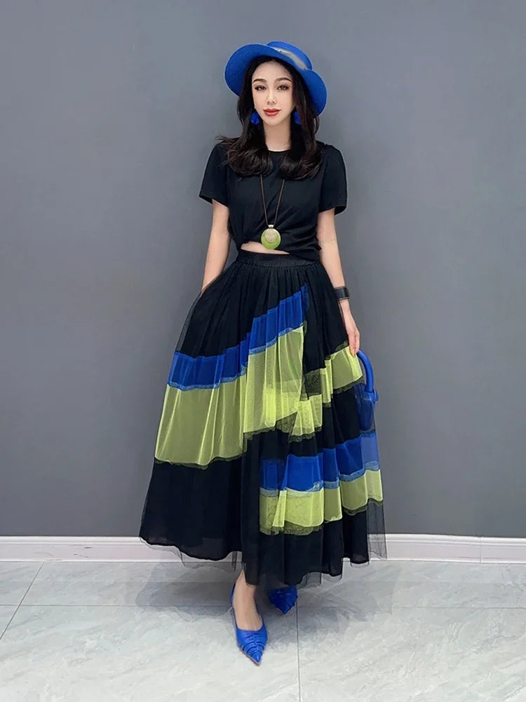 XITAO Mesh Skirt Fashion Irregular Contrast Color Patchwork Skirt Female Spring New All-match Street Trendy Women HQQ1386