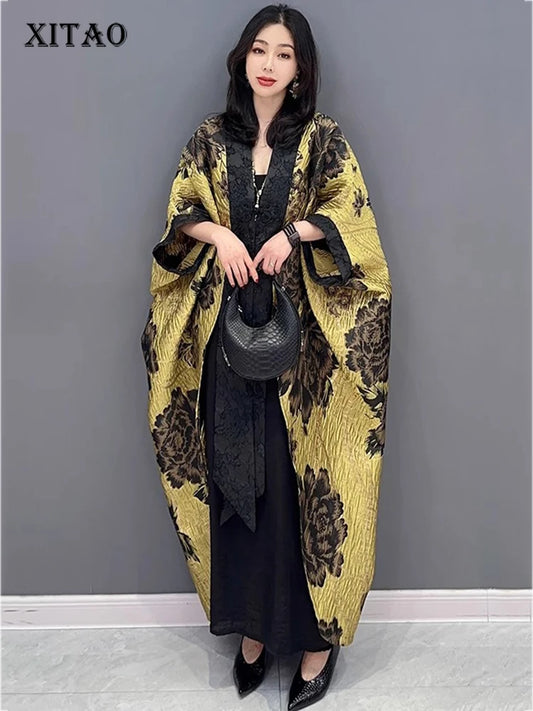 XITAO Casual Loose V-neck New Arrival Betwing Sleeve Coat Long Chinese Style Dark Flower Autumn Cardigan Female Trench GMM1032