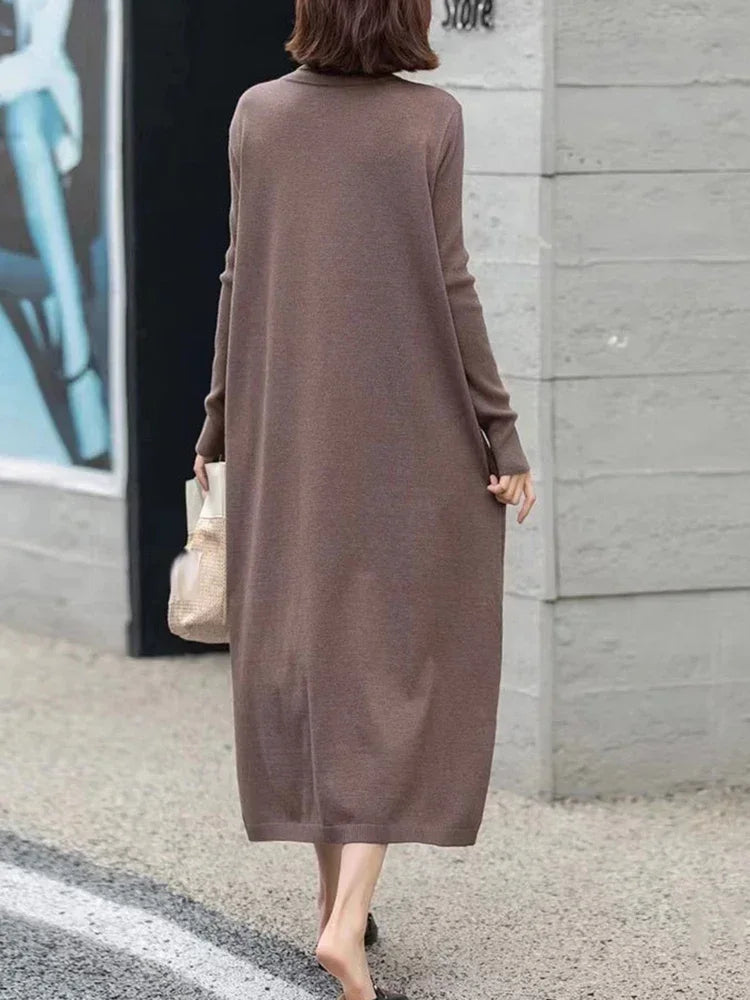 XITAO Knitting Half High Collar Split Dresses Solid Color Pullover Loose Mid-calf Loose Sweaters Dress Spring Casual DMJ3396