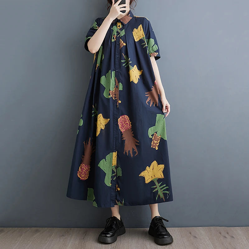 XITAO Vintage Printed Dress Turn Down Collar Short Sleeve Single Breasted Simplicity Korea Summer Fashion Women Dress LYD1760