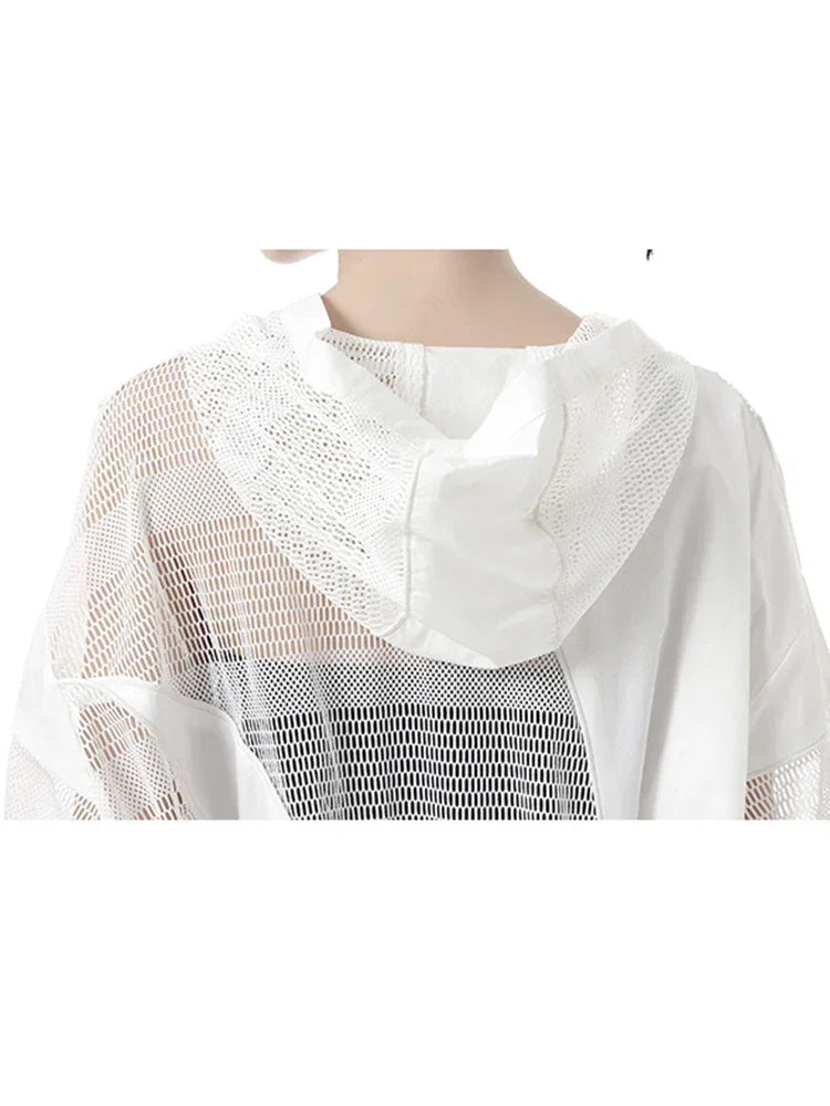 XITAO Hollow Out Women Shirt Asymmetrical Net Cloth Splicing Hooded Top Fashion Personality Loose Solid Color Shirt HQQ2002