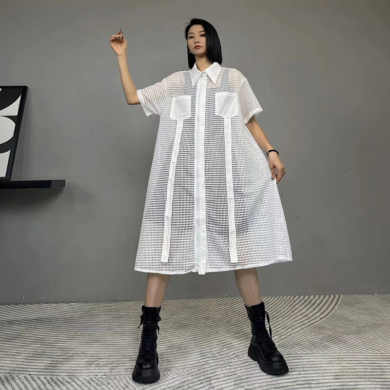 XITAO Hollow Out Perspective Shirt Dress Turn Down Collar Short Sleeve Splicing Pockets Summer Fashion Women New Dress LYD1765