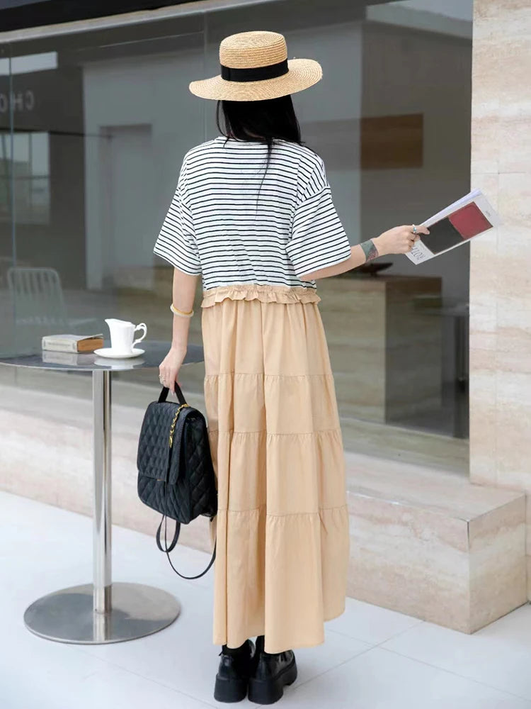 XITAO Striped False Two Pieces T-shirt Dress Loose Fashion Contrast Color Drawstring Patchwork Dress Summer New Women GJ1013