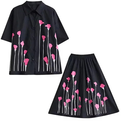 XITAO Casual Print Dress Sets Loose Fashion Contrast Color Women Short Sleeve Shirt Skirt Two Pieces Sets Summer New HQQ2373