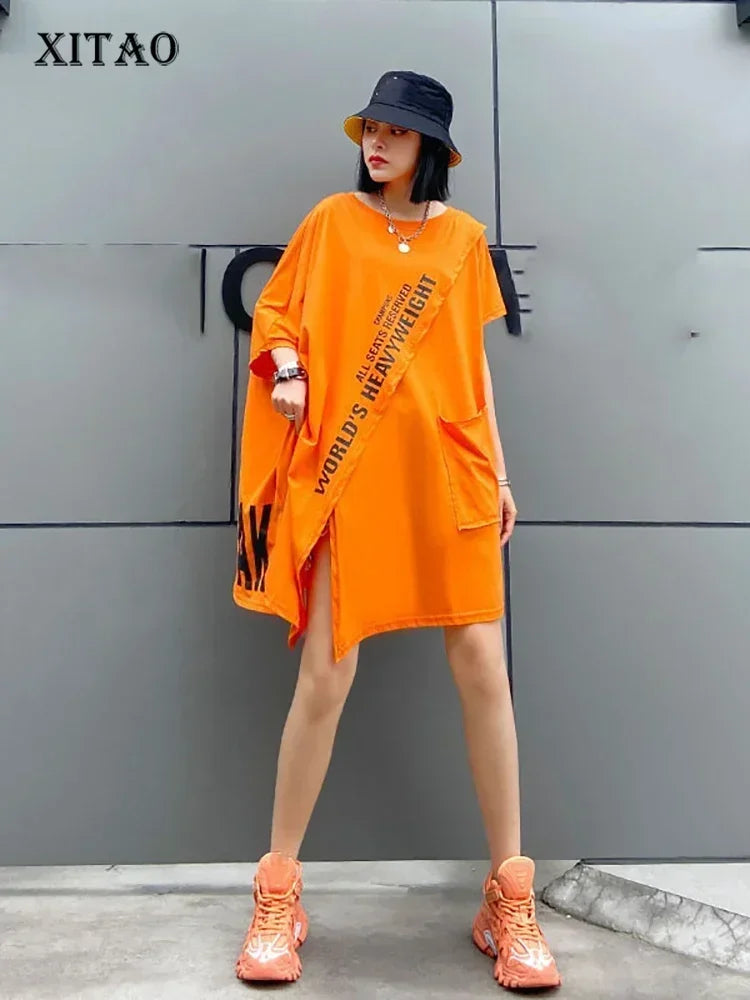 XITAO Batwing Sleeve Asymmetrical T-shirt 2024 Summer New Fashionable O-Neck Solid Color Personality Print Thin Top WMD0556