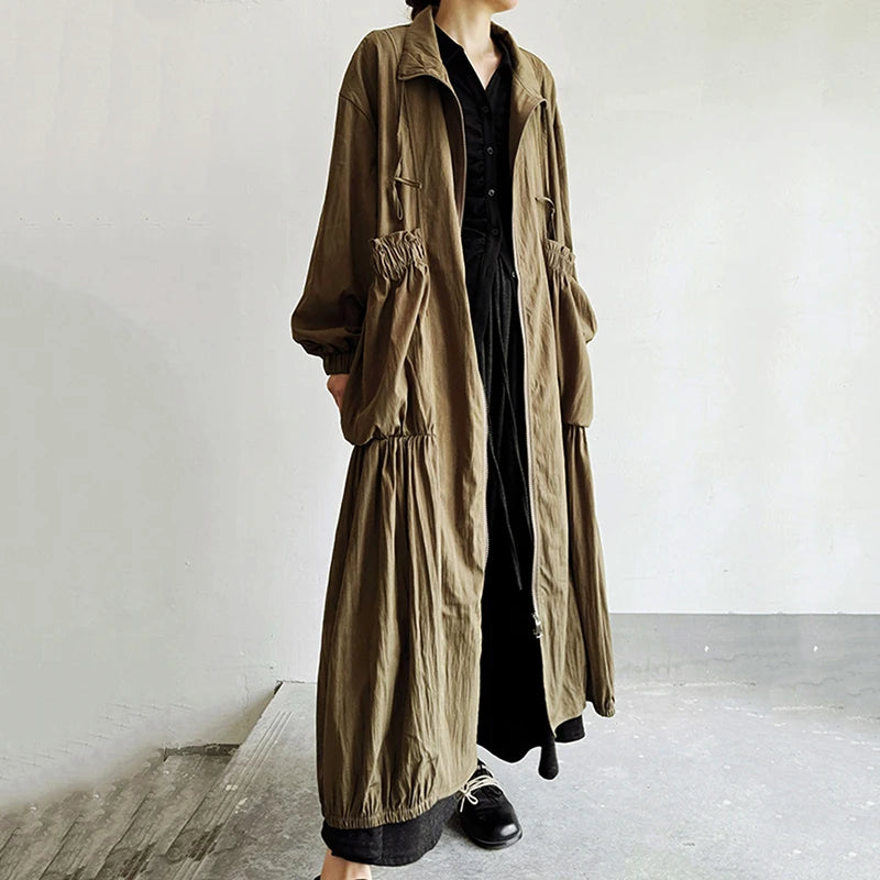 XITAIO Zipper Drawstring Pleats Pocket Trench Casual Loose Fitting A-line Full Sleeve Stand Collar Autumn Women Trench GMM1188