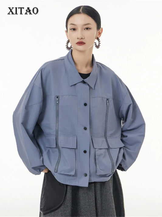 XITAO Vintage Jacket Fashion Pocket Single Breast Full Sleeve Spring Minority Loose Solid Color Women Coat WLD8999