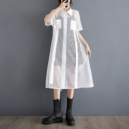 XITAO Hollow Out Plaid Shirt Dress Solid Color Loose Fashion Short Sleeve Zipper Splicing Women A-line Dress Summer New LYD1898