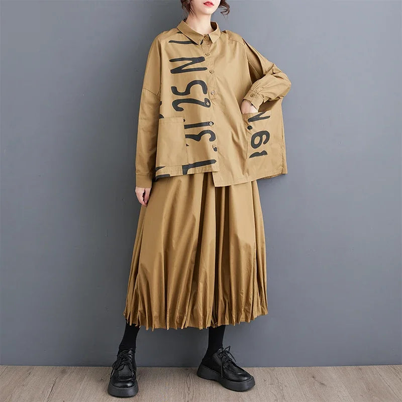 XITAO Pleated Pants Sets Irregular Shirt Letter Print Top Loose Fashion Wide Leg Pants Long Sleeve Two Pieces Sets HQQ1909