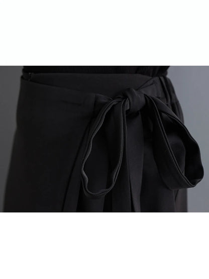 XITAO Casual Pleated Wide Leg Pants Black Asymmetrical Patchwork Lace-up Women Loose Ankle-length Pants Summer New WLD20198