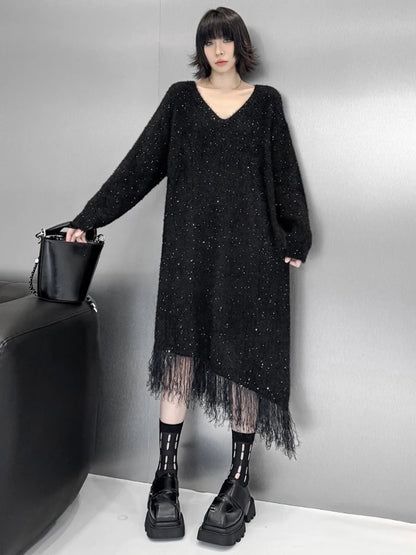 XITAO Sequins Tassel Patchwork Asymmetrical V-neck Dress Pullover Long Sleeve Loose Knitting Fashion Slimming Temperament GJ1127