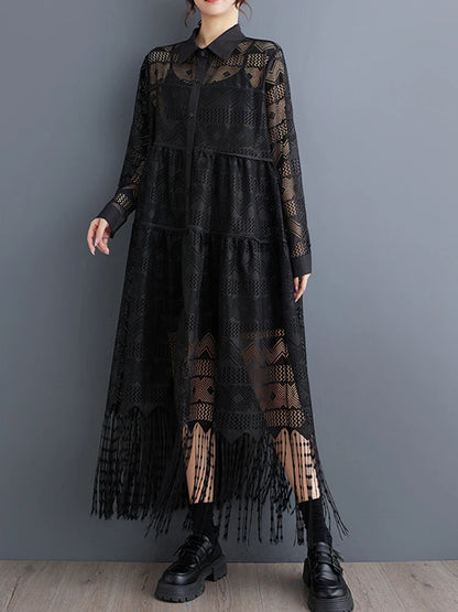 XITAO Casual Solid Color Hong Kong New Arrival A-line Dress Tassel Turn-down Collar Mid-calf Autumn Female Lace Dress ZYY1116