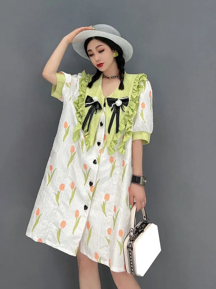 XITAO Bow Single Breast Dress Fashion Print Pattern Goddess Fan Casual Style Ruffle Summer Minority Loose Dress WMD6451