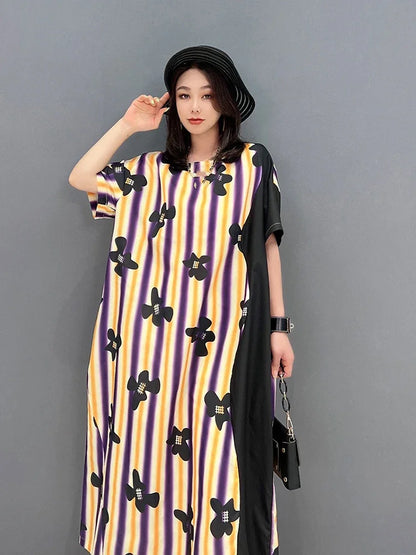 XITAO Fashion Striped Print Dress Loose Casual Simplicity Contrast Color Women T-shirt Dress Temperament Summer New ZY7275