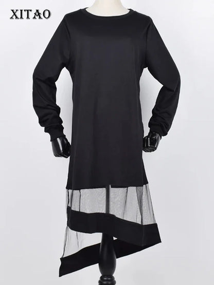 XITAO Pleated Hem Dress Irregular Pullover Full Sleeve Black Patchwork Summer Pleated Goddess Fan Casual Dress WS2043