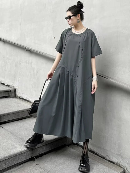 XITAO Asymmetrical Pleated Dress Loose Fashion Solid Color Splicing Short Sleeve Dress Summer Casual New Loose Women HQQ2310