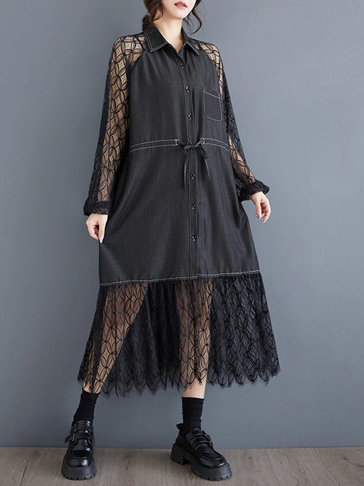 XITAO Patchwork Lace Hollow Out Female Dress New Casual Turn Down Collar A-line Loose Hong Kong Style Women Dress GYX1079