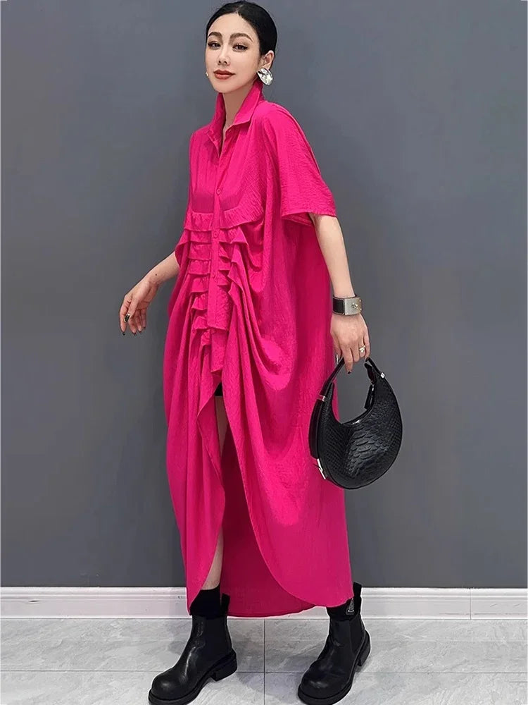 XITAO Irregular Singe Breasted Short Sleeve Dress Mid-calf A-line Solid Color Turn-down Collar Female Fashion Dress GMM1371