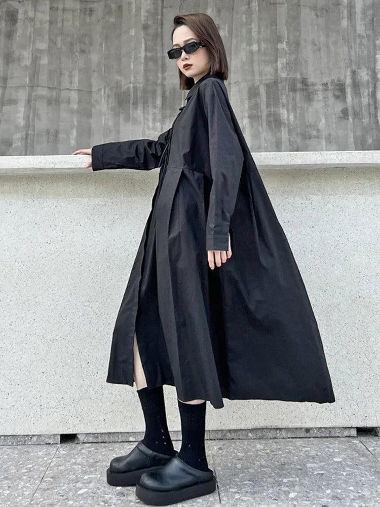 XITAO Black Fashion Shirt Dress Loose Long Sleeve Turn-down Collar Tassel Button Decoration Initial Spring New ZZ0008