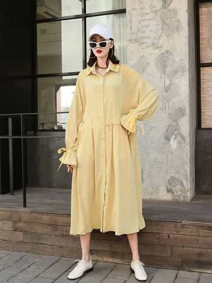 XITAO Tide Plus Size Pleated Embroidery Dresses Women Clothes 2024 Spring New Fashion Loose Long Sleeve Dress ZY4414